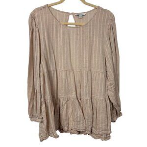 American Eagle XL Long Sleeve Striped Peasant Top Tan Lagenlook Flowy Gauzy